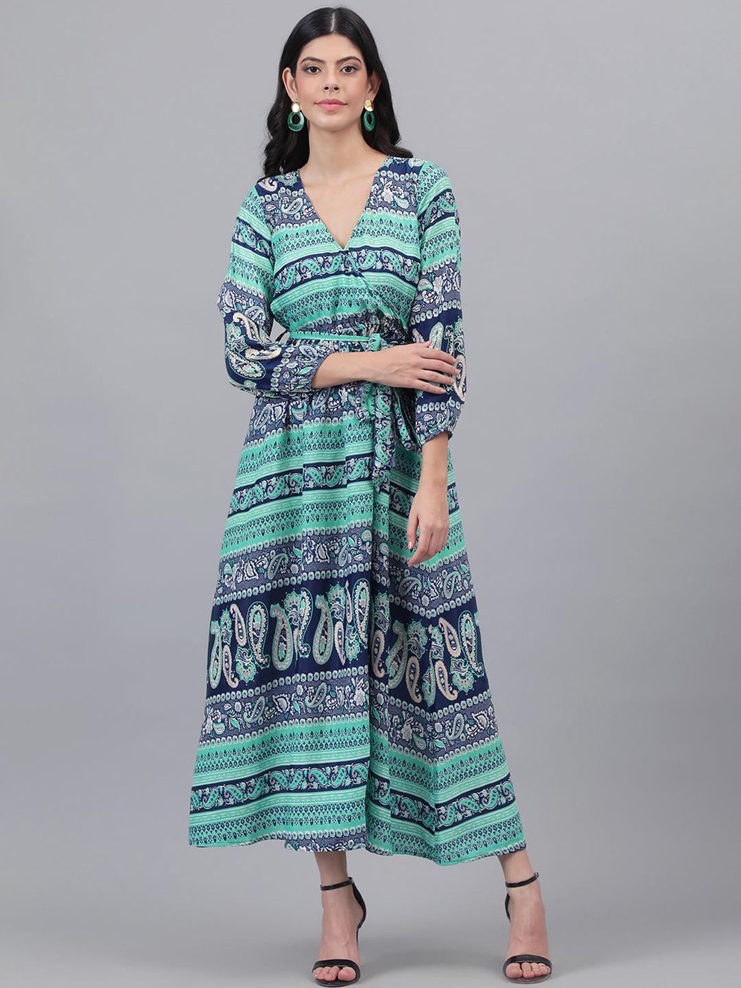 Kotty Blue & Green Ethnic Motifs Printed Wrap Maxi Dress