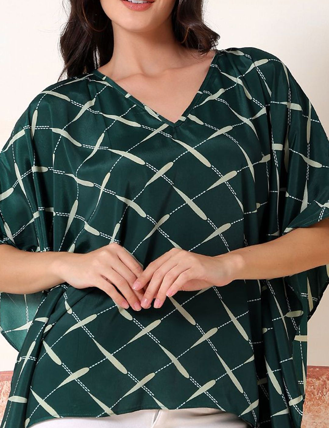 Kotty Women Checked Batwing Sleeve Satin Kaftan Top