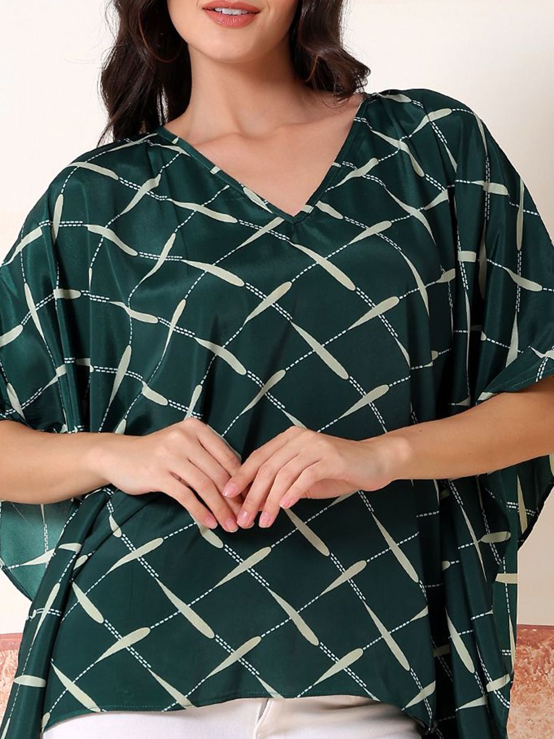 Kotty Women Checked Batwing Sleeve Satin Kaftan Top