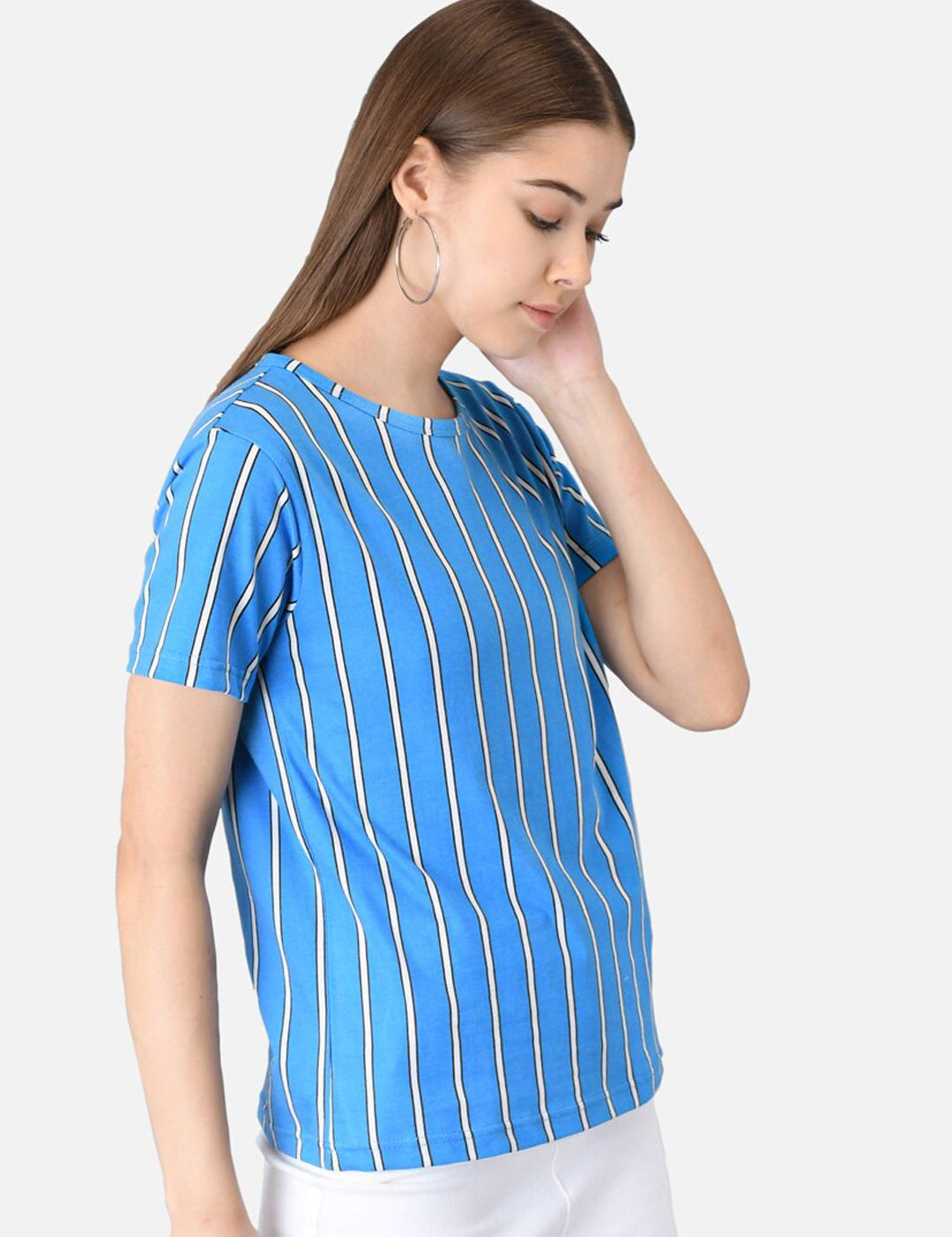 Kotty Women Blue & Orange Striped Round Neck T-shirt