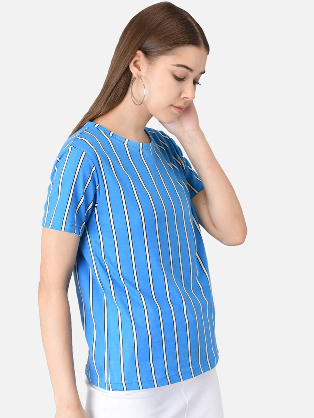 Kotty Women Blue & Orange Striped Round Neck T-shirt
