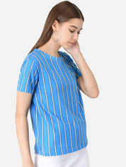 Kotty Women Blue & Orange Striped Round Neck T-shirt