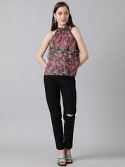 Kotty Green & Pink Ethnic Motifs Printed Halter Neck Top
