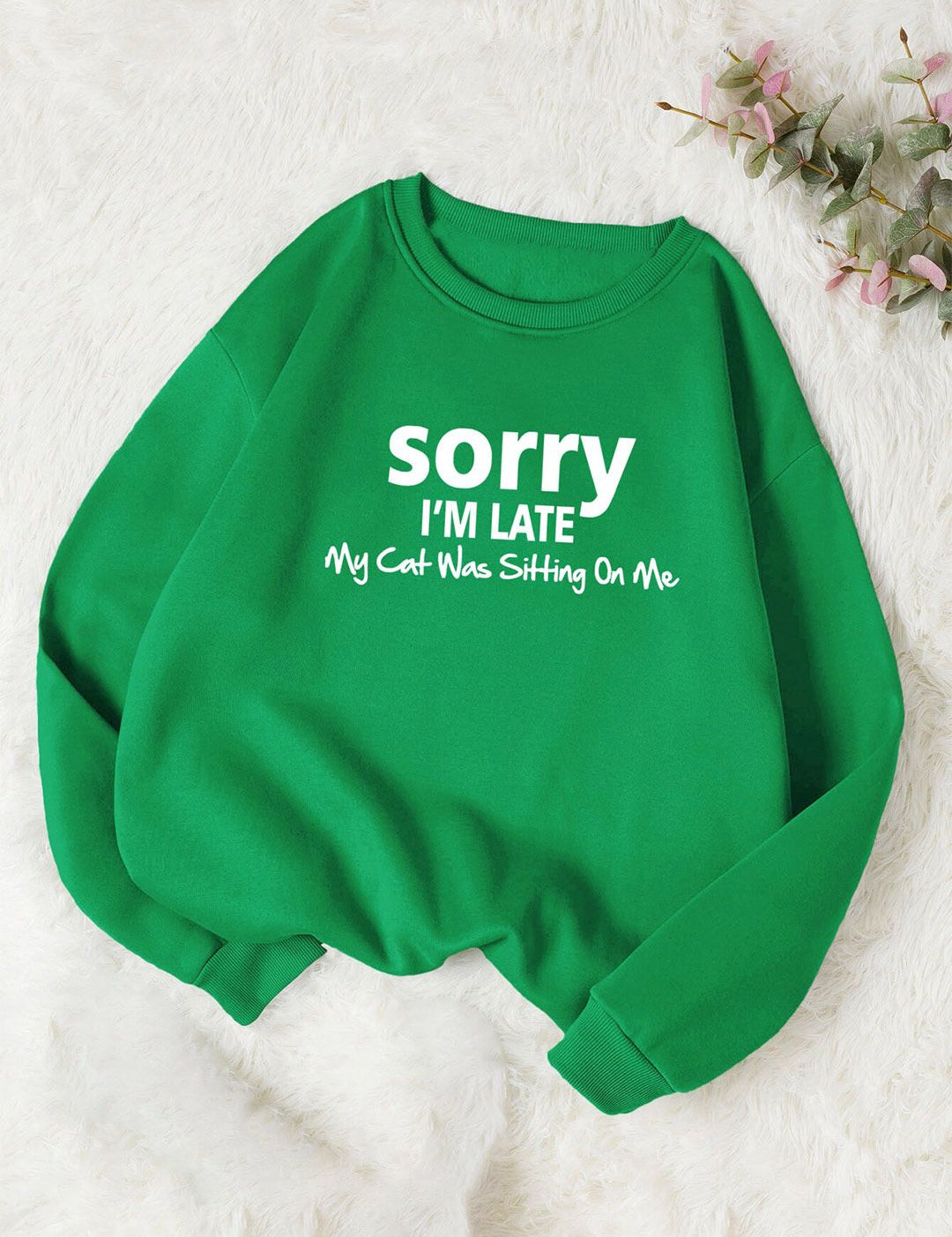 Kotty Green Typography Printed Long Sleeves Fleece Pullover Sweatshirt