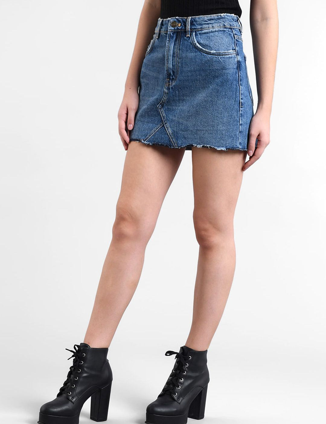 Kotty Women Blue Solid Mini Denim Raw Edge Skirt