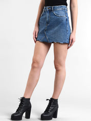 Kotty Women Blue Solid Mini Denim Raw Edge Skirt