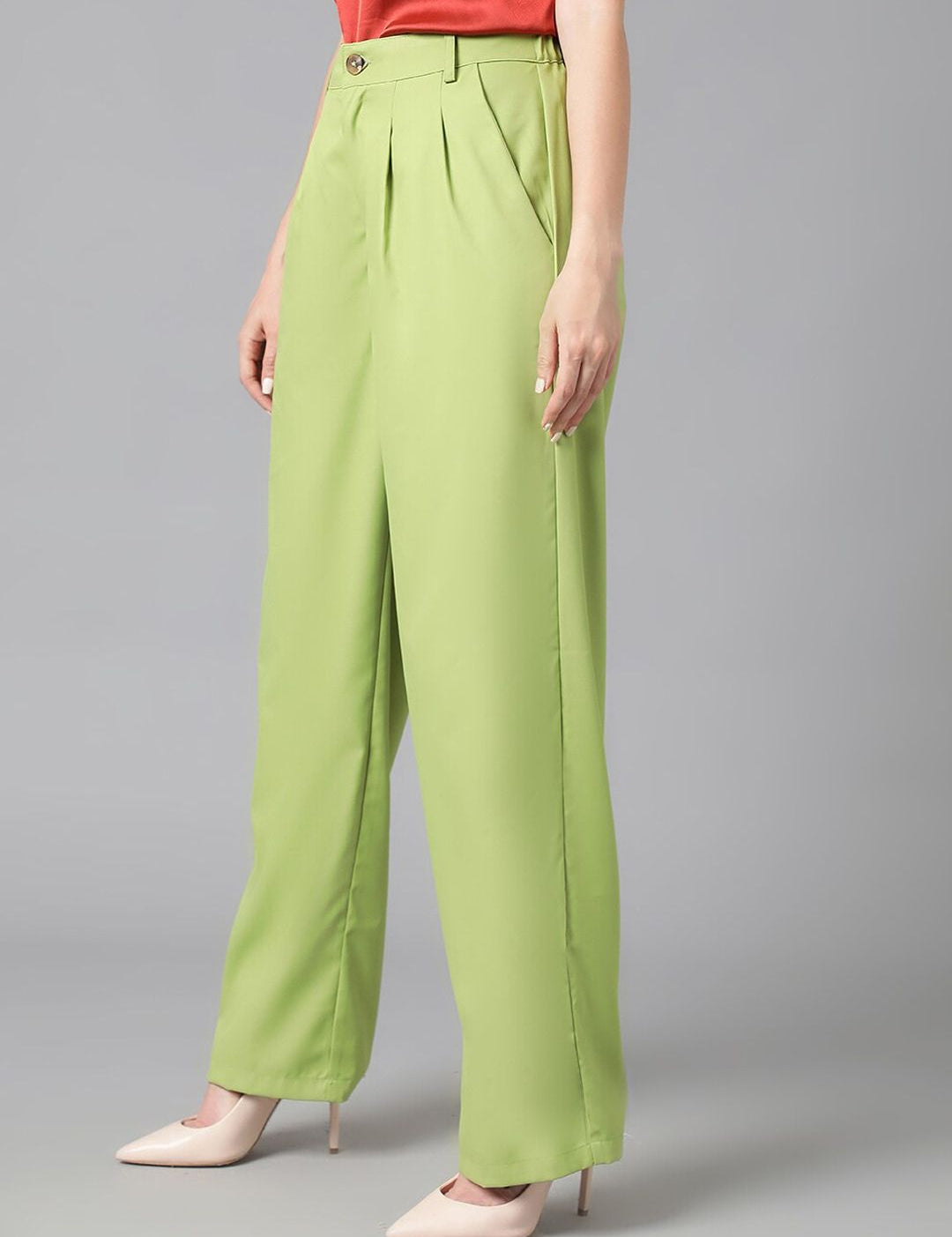 Kotty Women Green Relaxed Straight Leg Straight Fit High-Rise Easy Wash Pleated Trousers