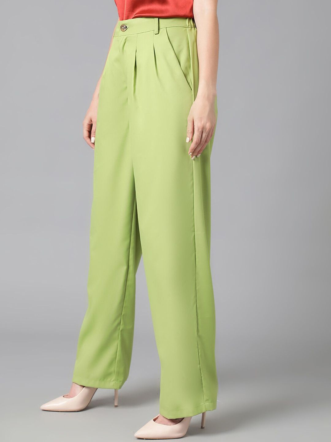 Kotty Women Green Relaxed Straight Leg Straight Fit High-Rise Easy Wash Pleated Trousers