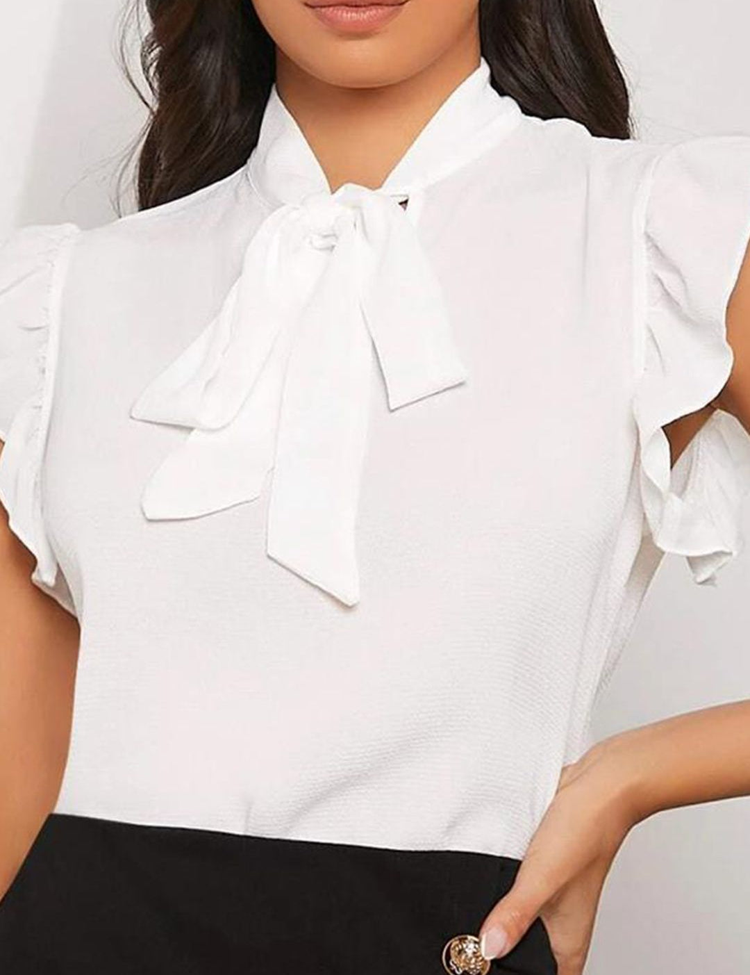 Kotty White Tie-Up Neck Flutter Sleeves Top