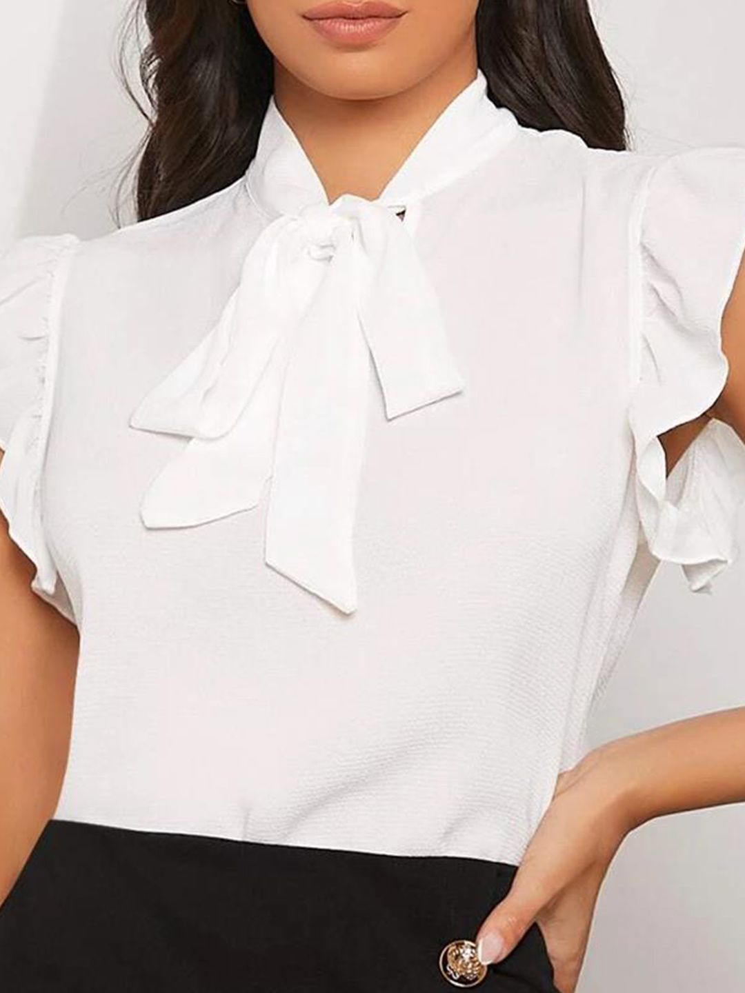 Kotty White Tie-Up Neck Flutter Sleeves Top
