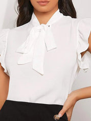 Kotty White Tie-Up Neck Flutter Sleeves Top