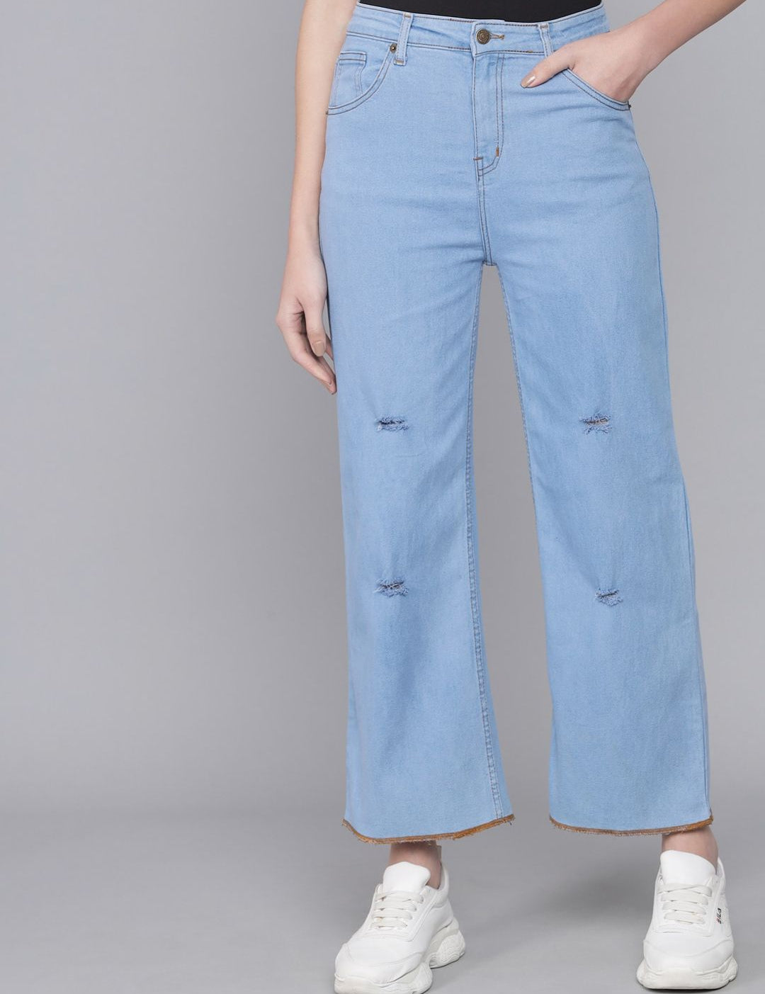 Kotty Women Turquoise Blue Flared High-Rise Slash Knee Jeans