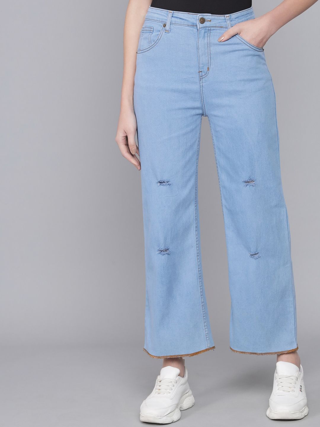 Kotty Women Turquoise Blue Flared High-Rise Slash Knee Jeans