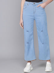 Kotty Women Turquoise Blue Flared High-Rise Slash Knee Jeans