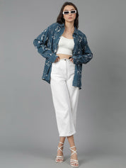 Kotty Women Spread Collar Abstract Printed Cotton Oversized Casual Shirt