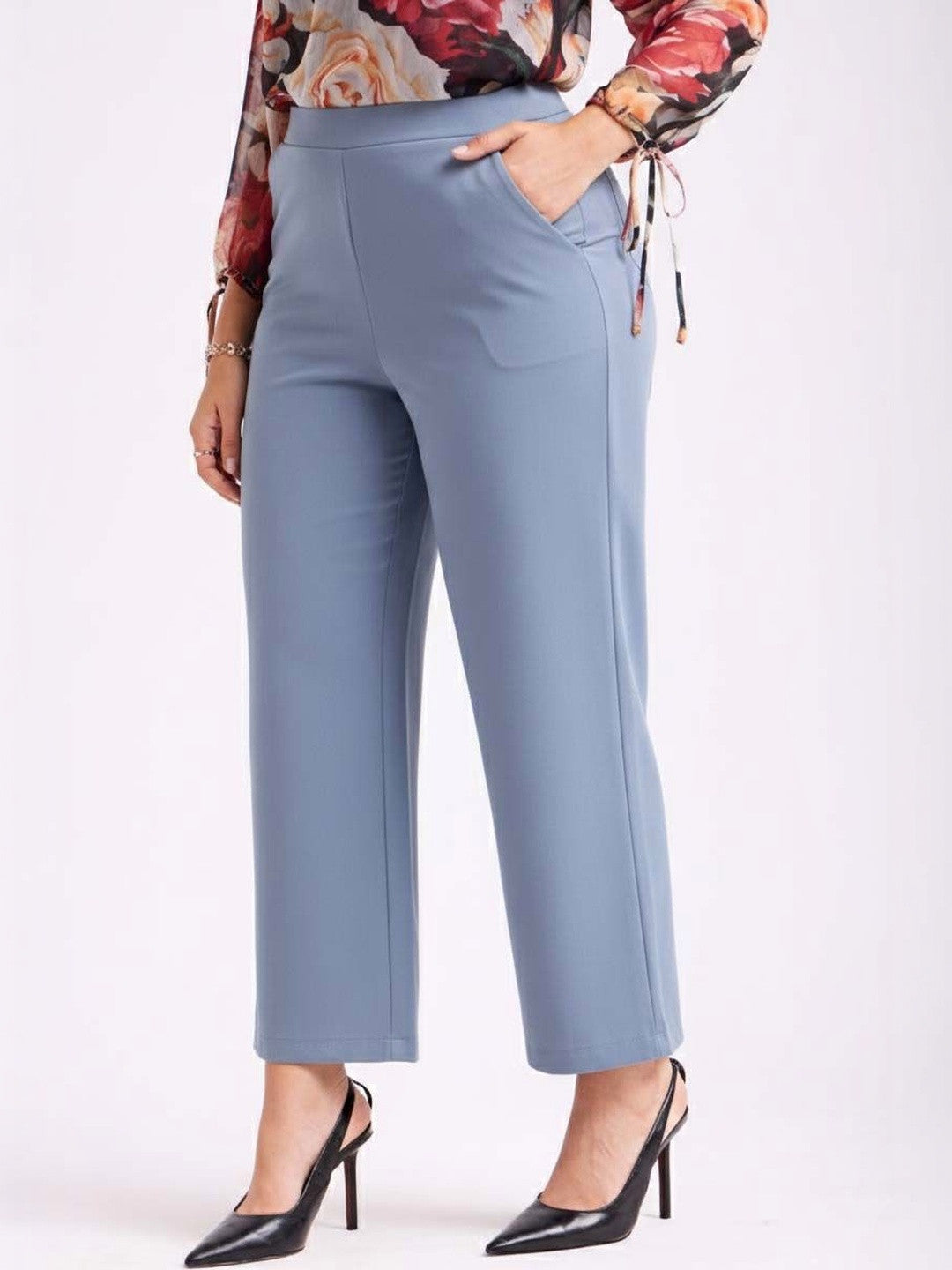 Blue Straight Fit High-Rise Trousers for Women | Kotty