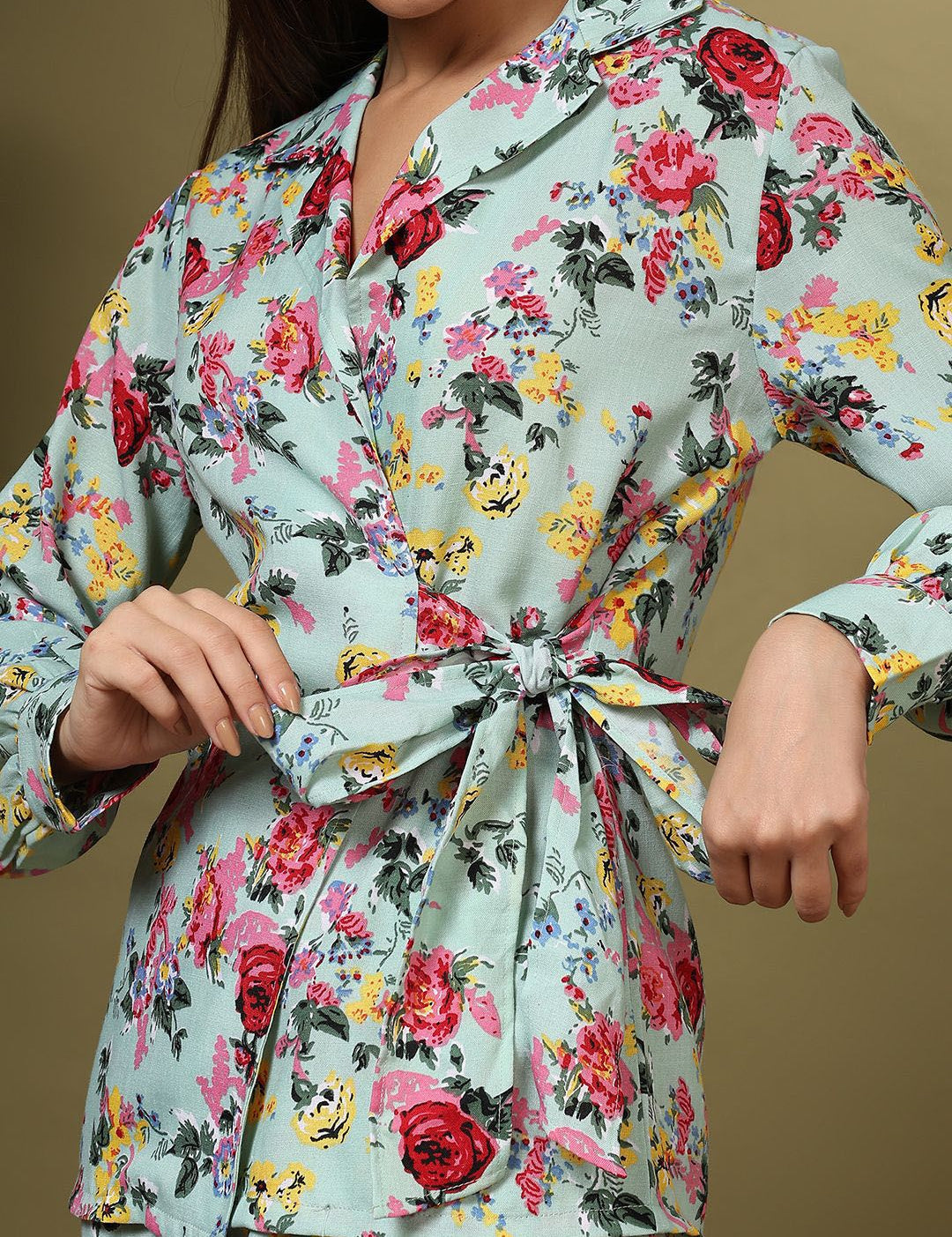 Kotty Green and Pink Printed Notched Lapel Collar Blazer With Trousers