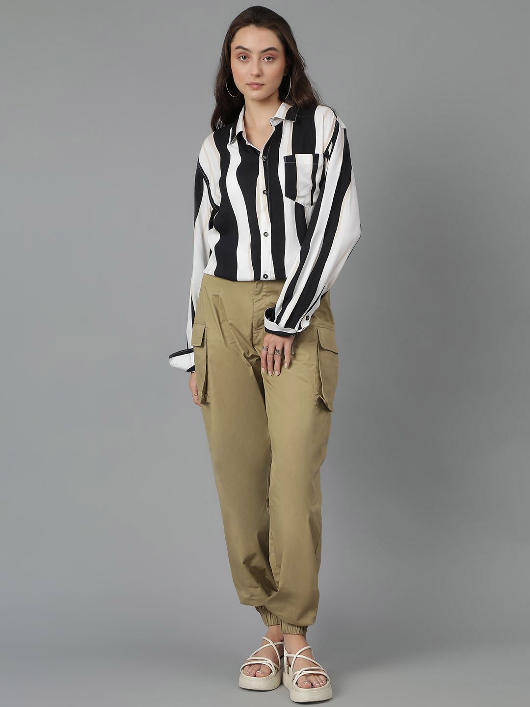 Kotty Women Spread Collar Striped Cotton Oversized Casual Shirt