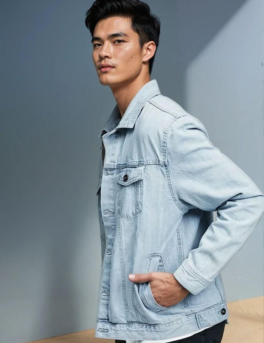 Kotty Men Spread Collar Solid Denim Jacket