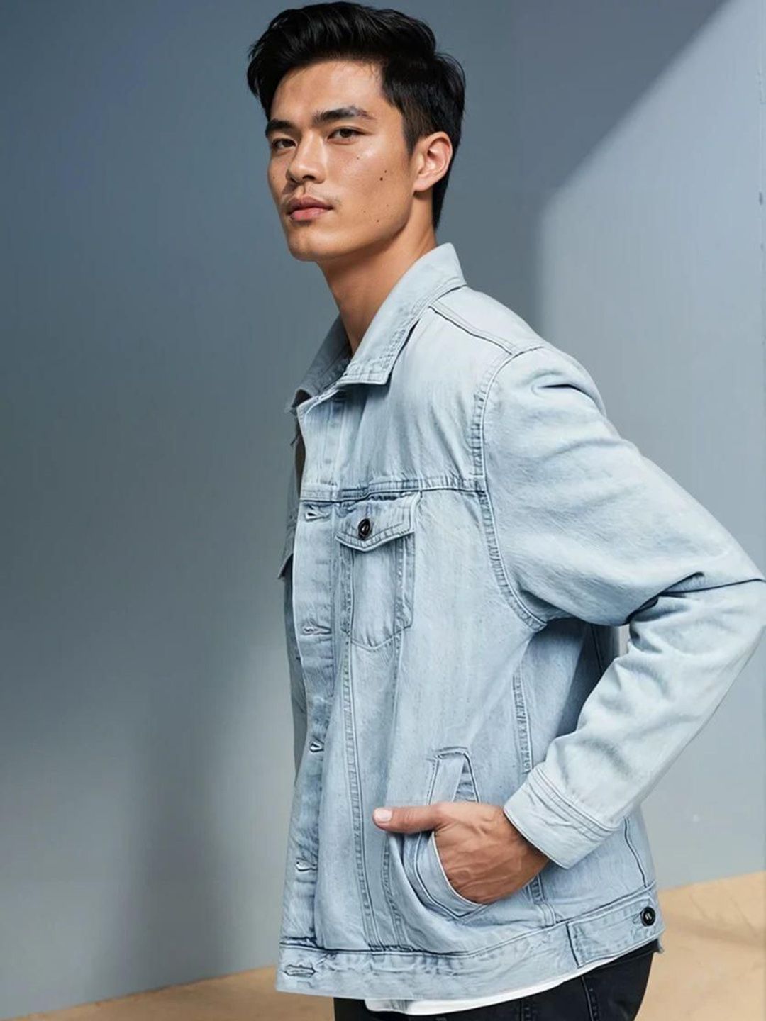 Kotty Men Spread Collar Solid Denim Jacket