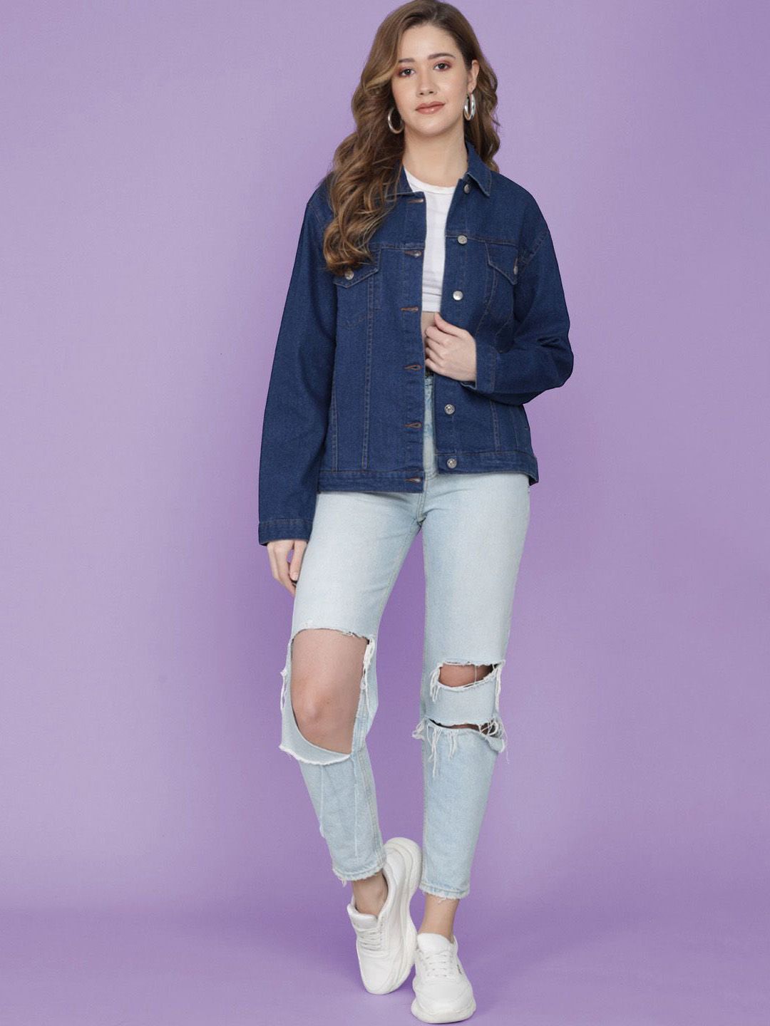 Kotty Women Spread Collar Solid Cotton Casual Denim Jacket