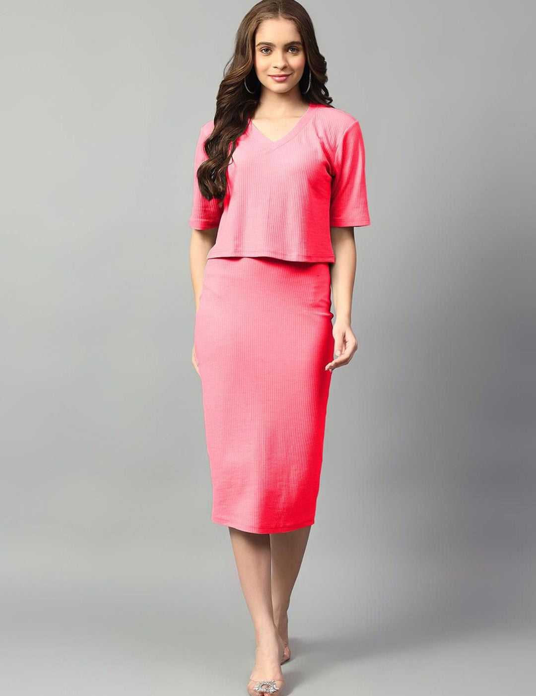 Kotty Pink V-Neck Short Sleeves Top With Skirt 