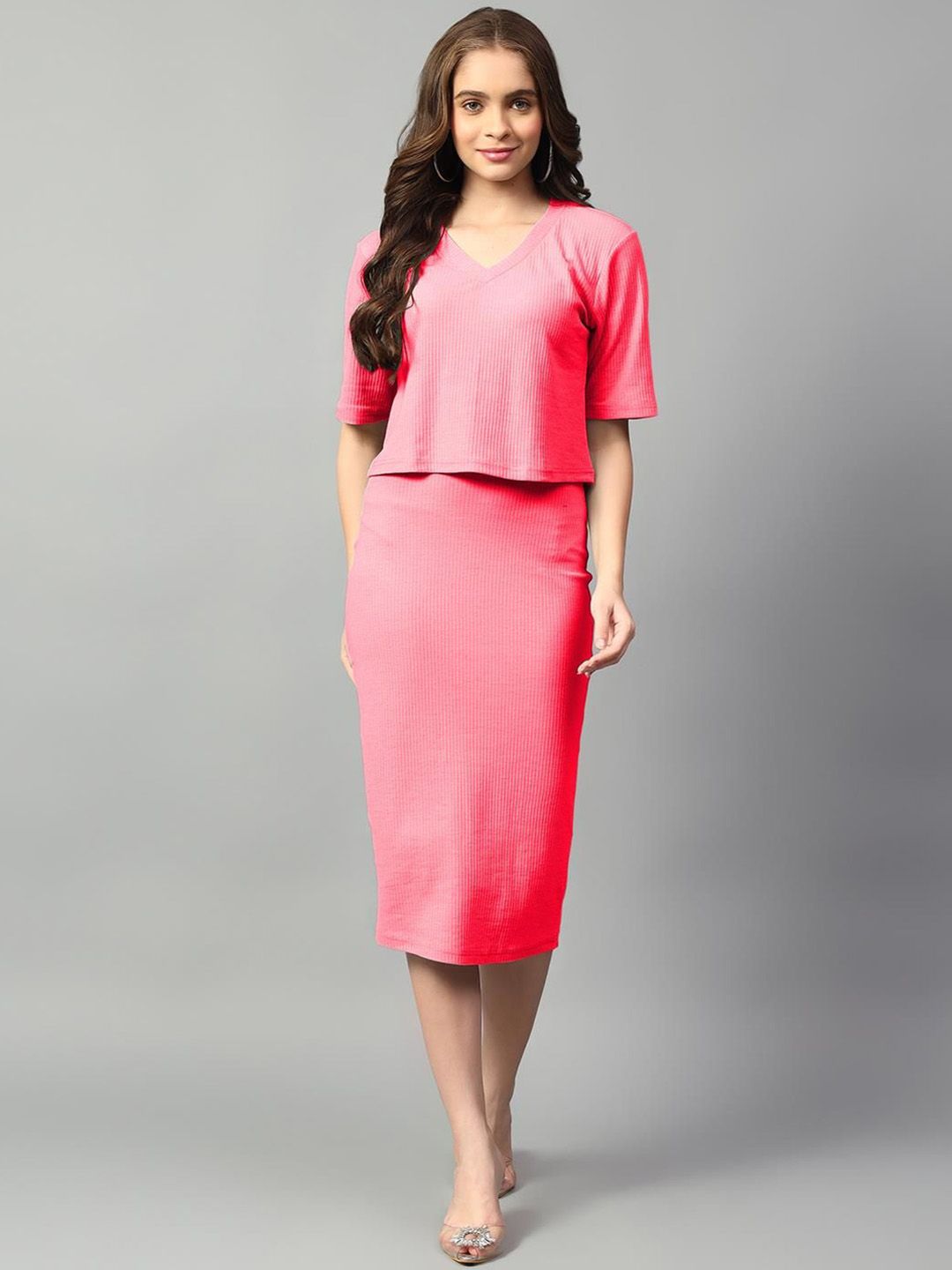 Kotty Pink V-Neck Short Sleeves Top With Skirt 