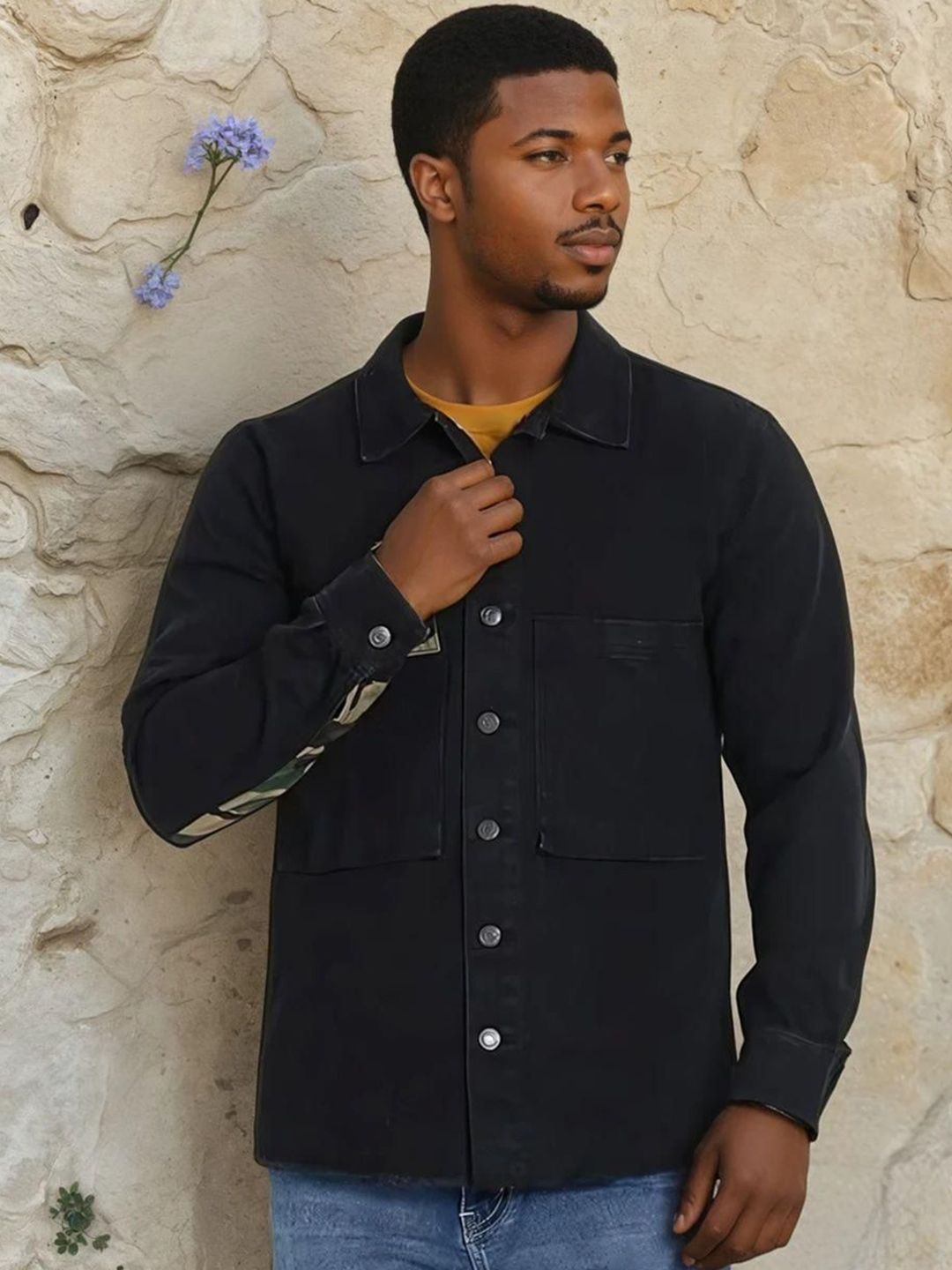 Kotty Abstract Printed Open Front Cotton Denim Jacket