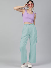 Kotty Women Relaxed Straight Leg Straight Fit High-Rise Easy Wash Pleated Cargos Trousers