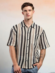 Kotty Vertical Stripes Cotton Spread Collar Short Sleeves Shirt