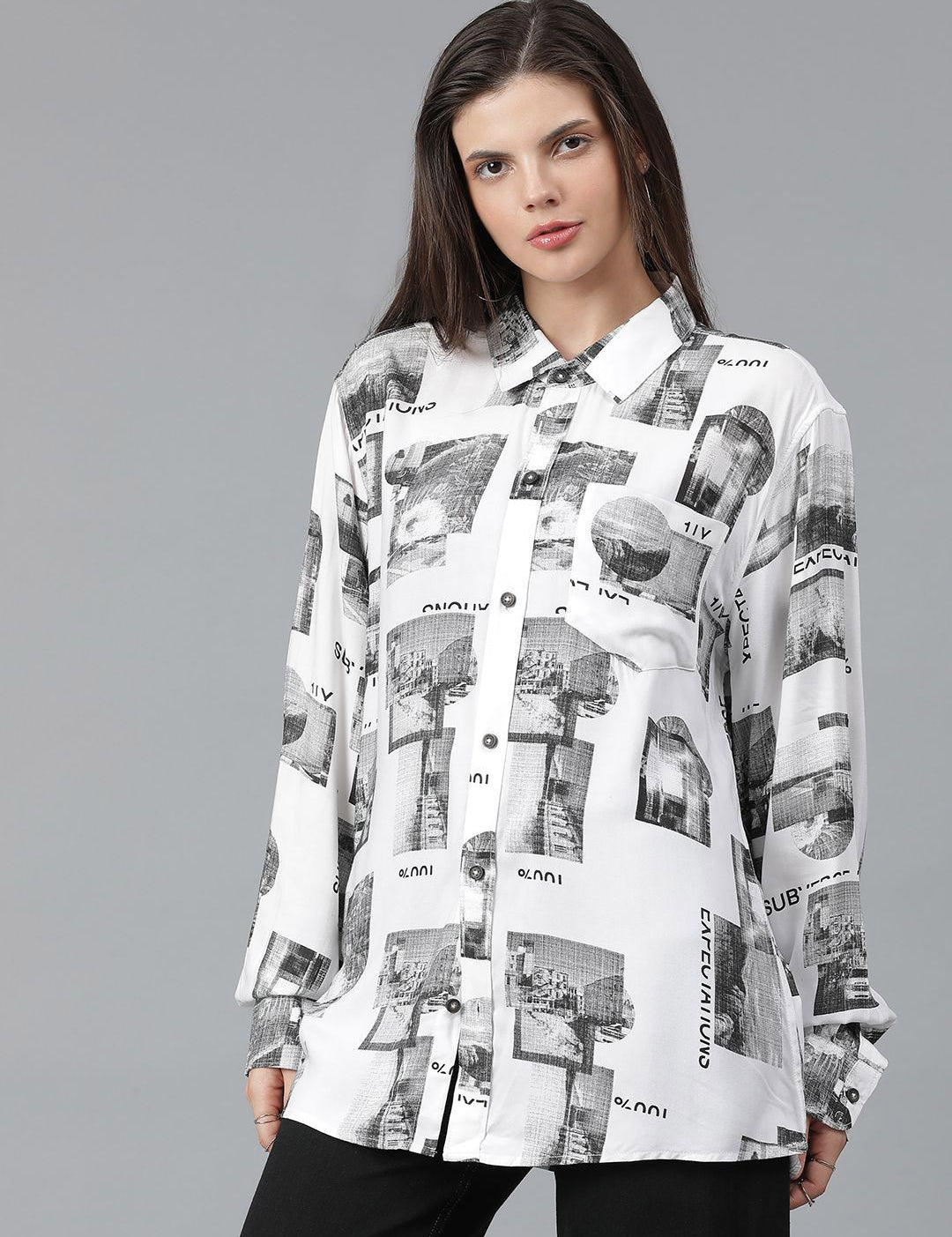 Kotty Women Spread Collar Conversational Printed Cotton Oversized Casual Shirt