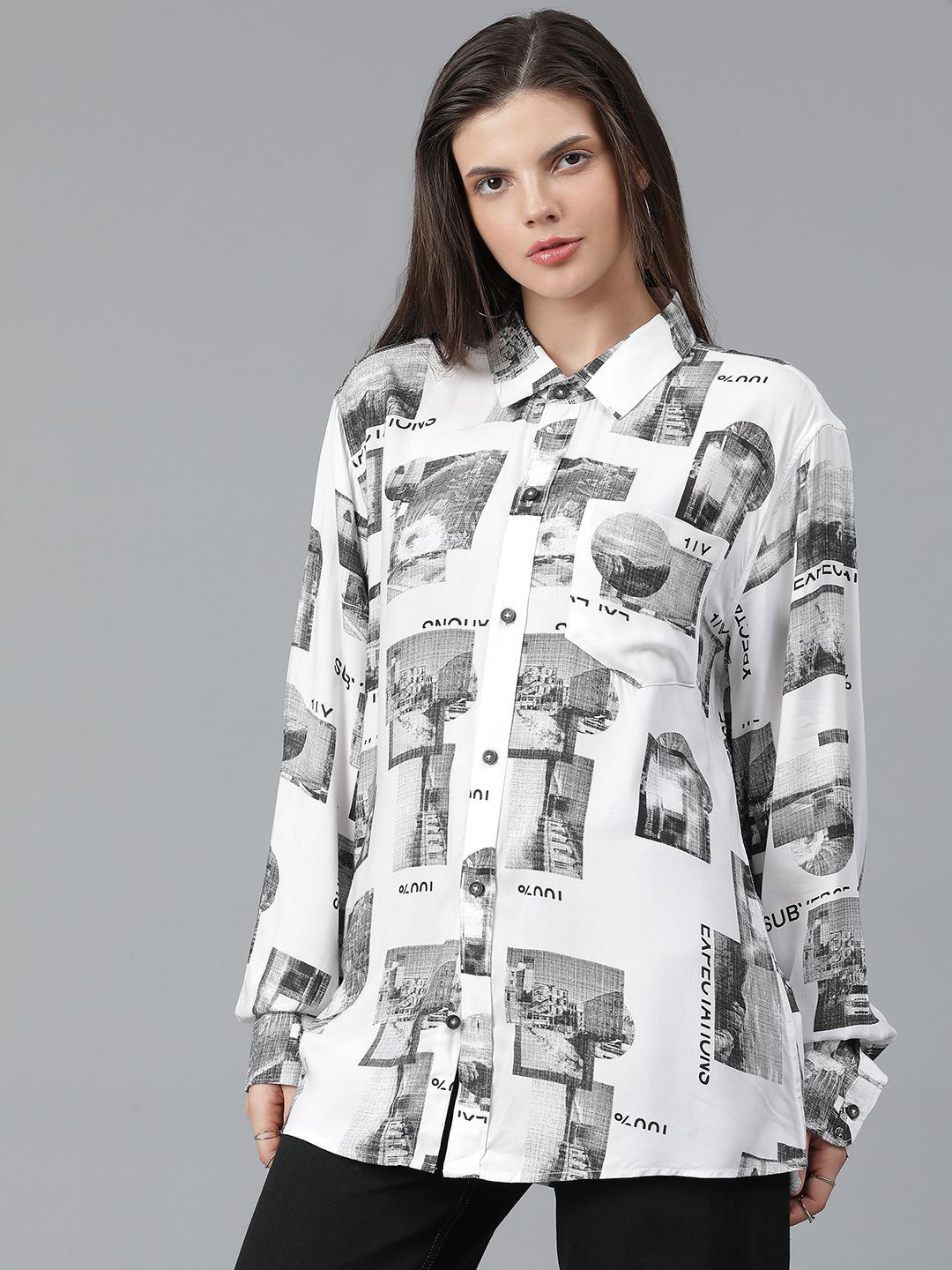 Kotty Women Spread Collar Conversational Printed Cotton Oversized Casual Shirt
