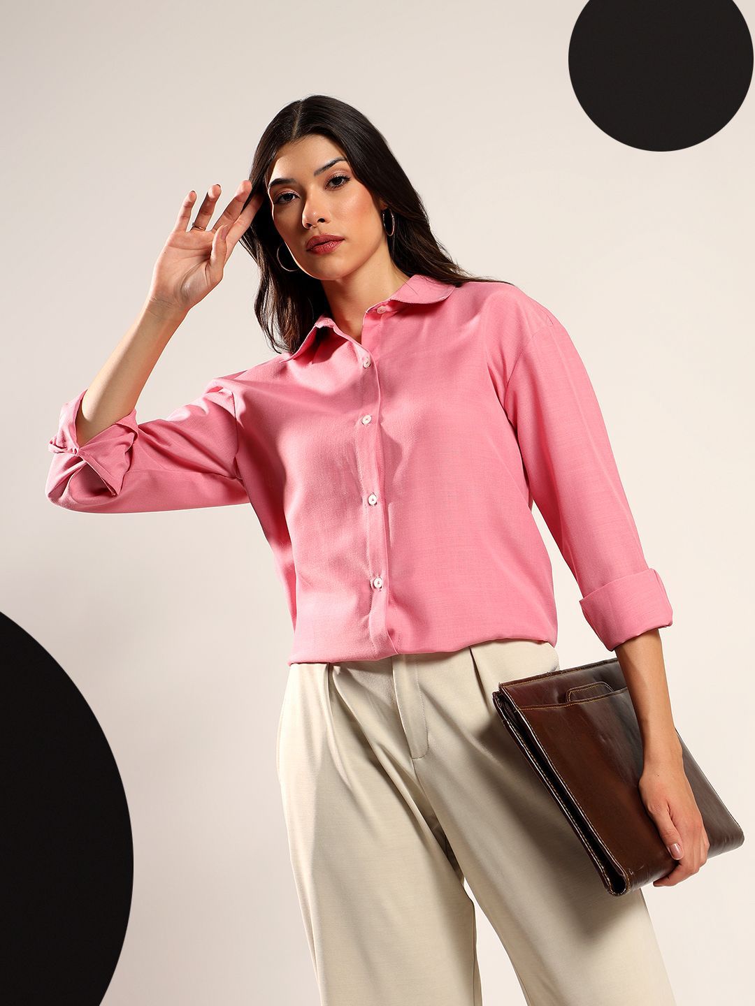 Kotty Women Relaxed Fit Solid Spread Collar Cotton Formal Shirt