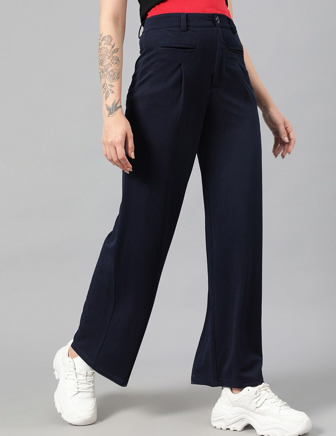 Kotty Women Navy Blue Relaxed Straight Leg Fit High-Rise Easy Wash Parallel Trousers