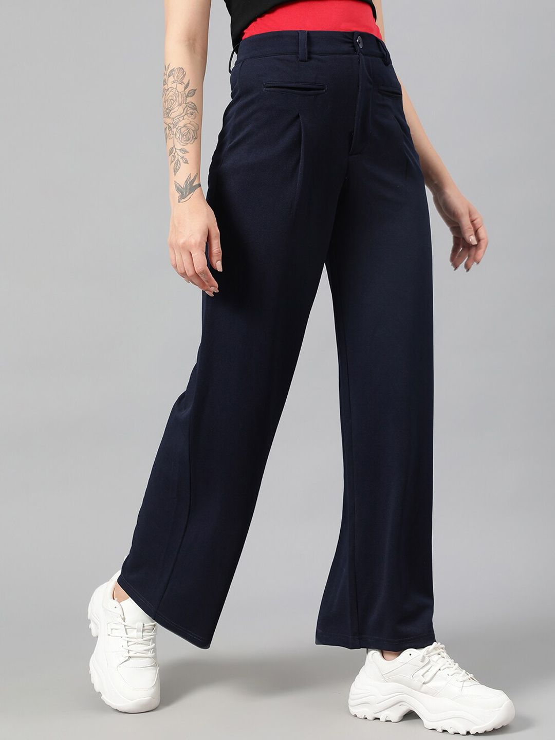 Kotty Women Navy Blue Relaxed Straight Leg Fit High-Rise Easy Wash Parallel Trousers