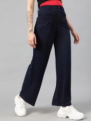 Kotty Women Navy Blue Relaxed Straight Leg Fit High-Rise Easy Wash Parallel Trousers