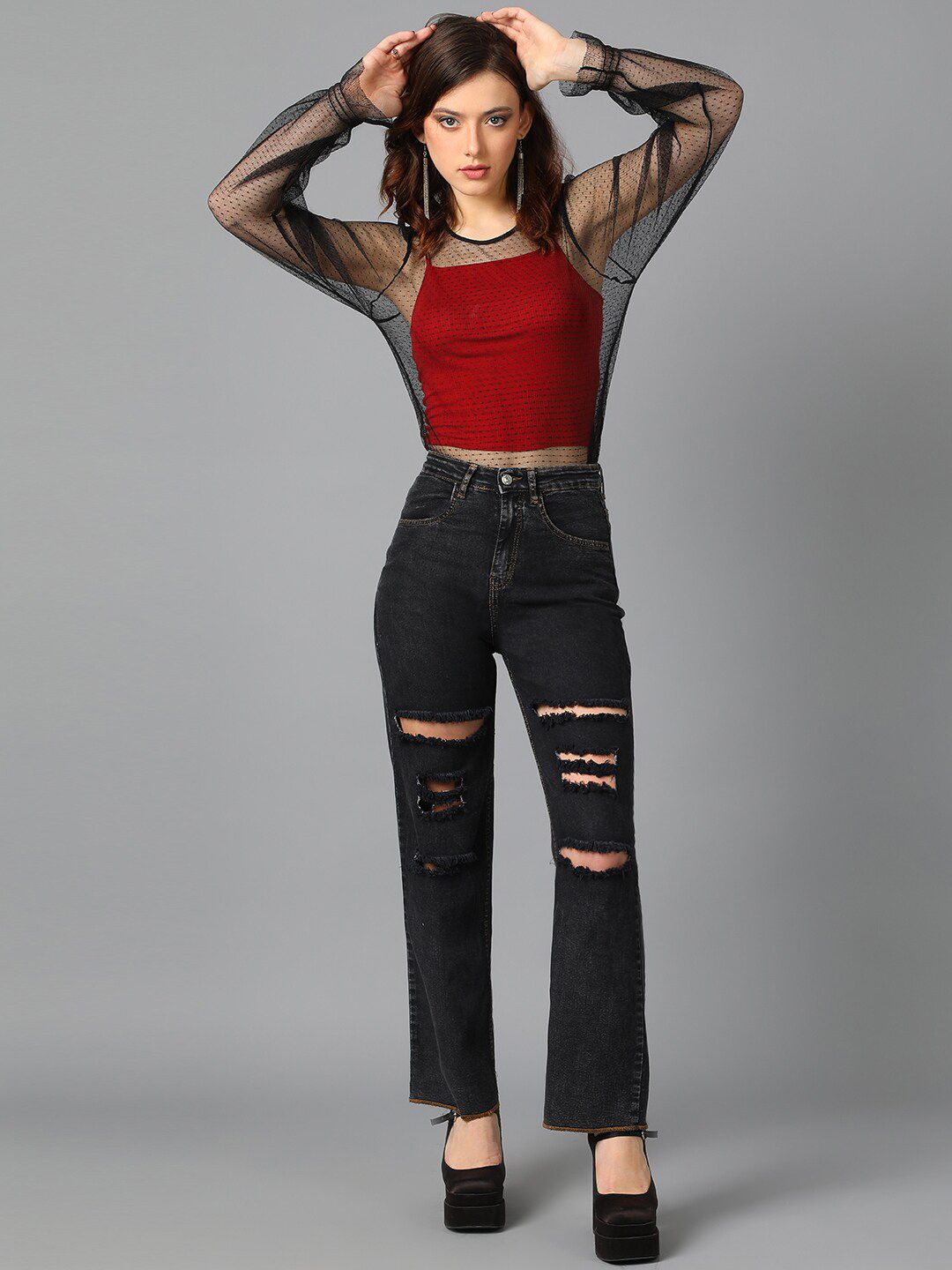 Kotty Black Women Jean Straight Fit High-Rise Mildly Distressed Stretchable Jeans
