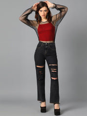 Kotty Black Women Jean Straight Fit High-Rise Mildly Distressed Stretchable Jeans