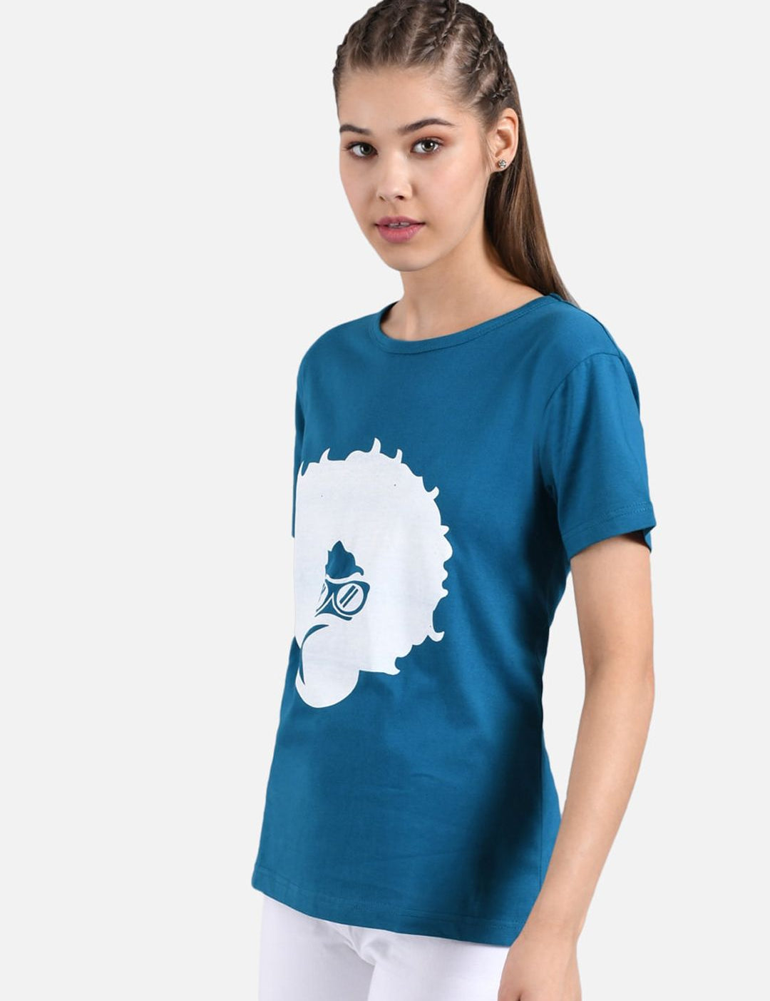 Kotty Women Teal Blue Printed Round Neck T-shirt