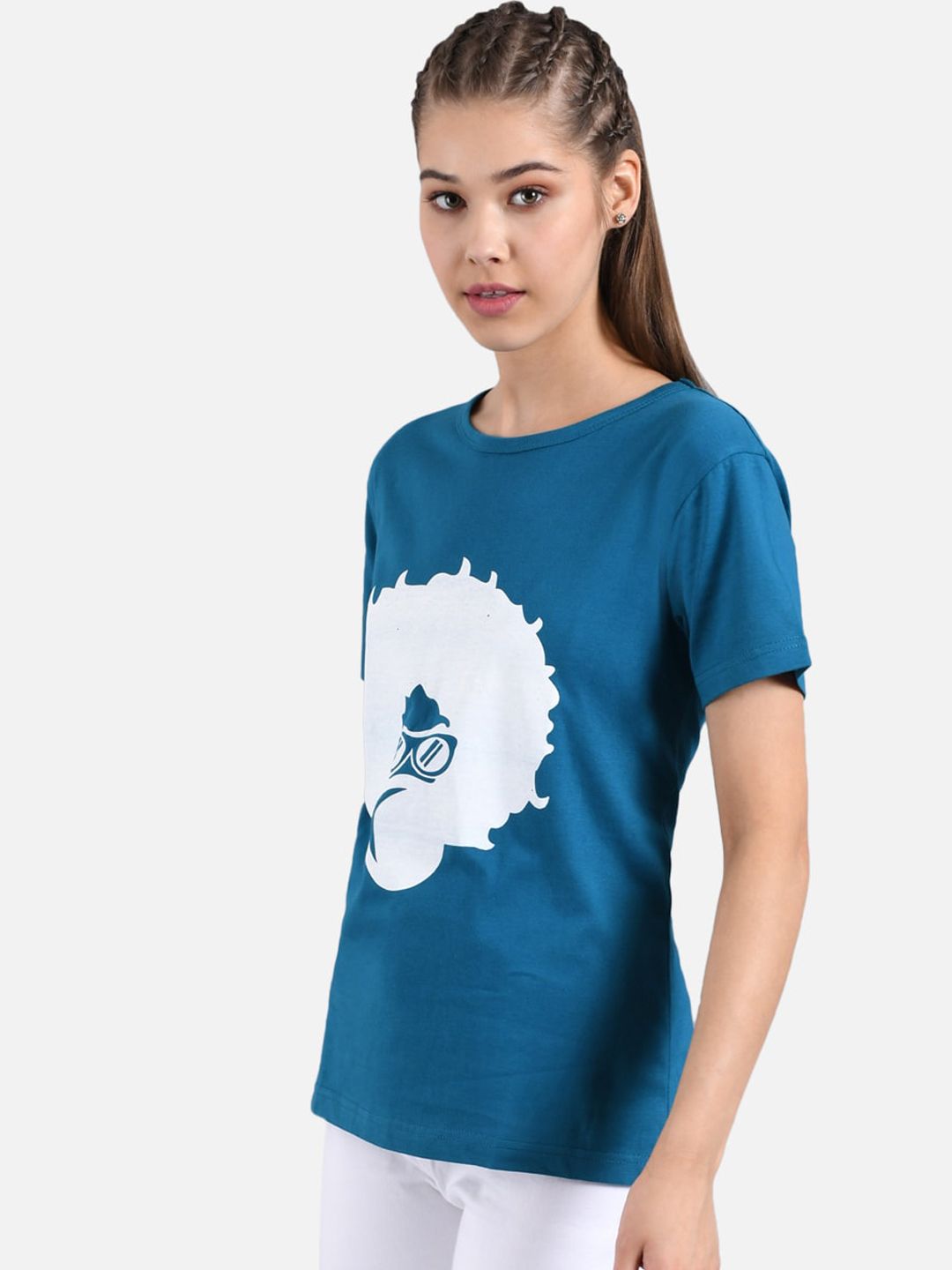 Kotty Women Teal Blue Printed Round Neck T-shirt