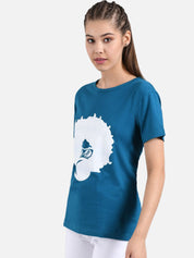 Kotty Women Teal Blue Printed Round Neck T-shirt