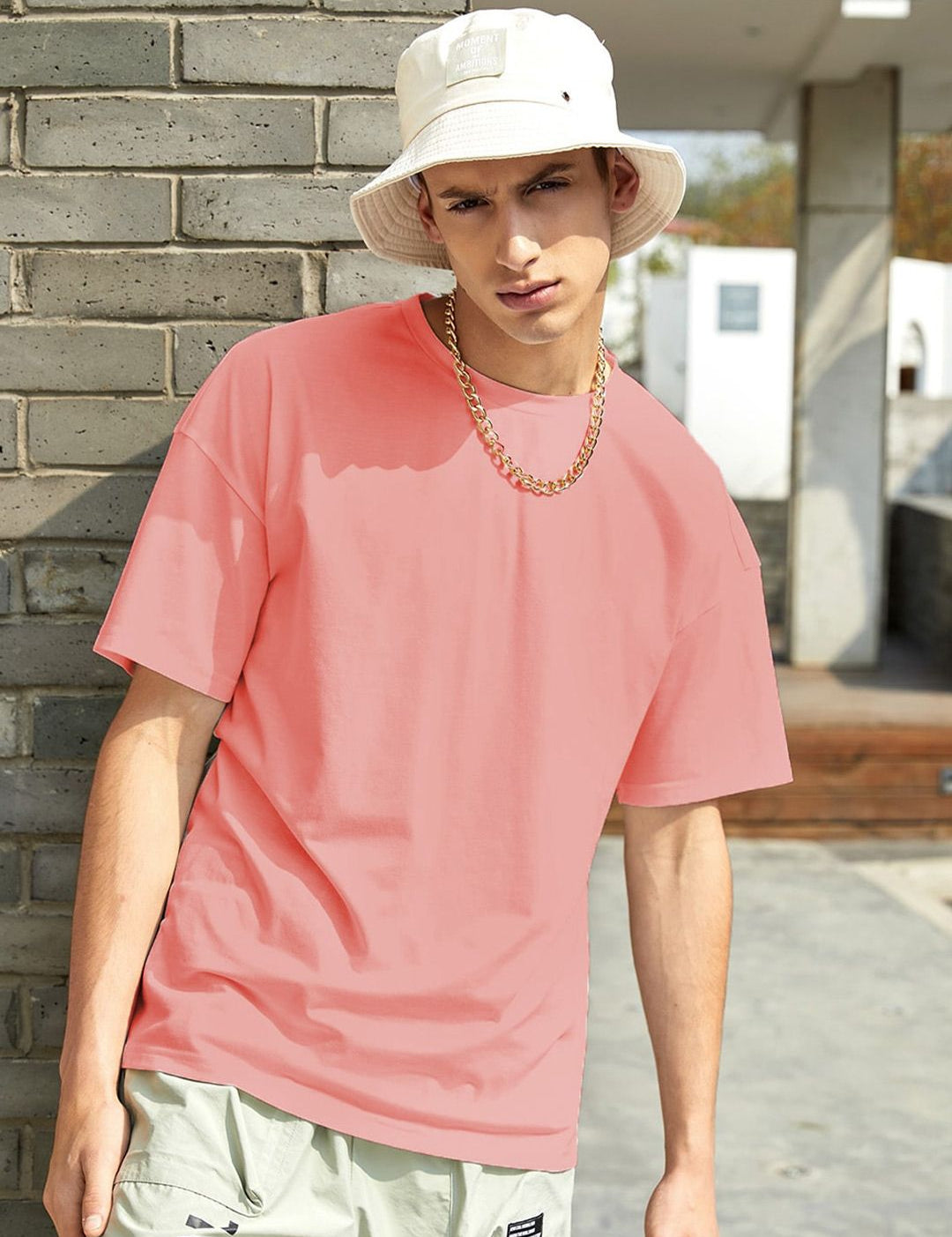 Kotty Pink Drop-Shoulder Sleeves Oversized Cotton Casual T-Shirt
