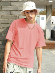 Kotty Pink Drop-Shoulder Sleeves Oversized Cotton Casual T-Shirt