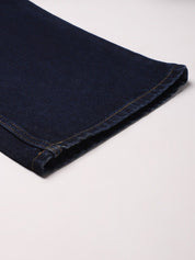 Kotty Women Navy Blue Solid Cotton High-Rise Crop Flared Jeans