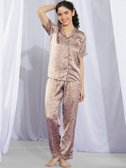 Kotty Brown & White Floral Printed Satin Night Suit