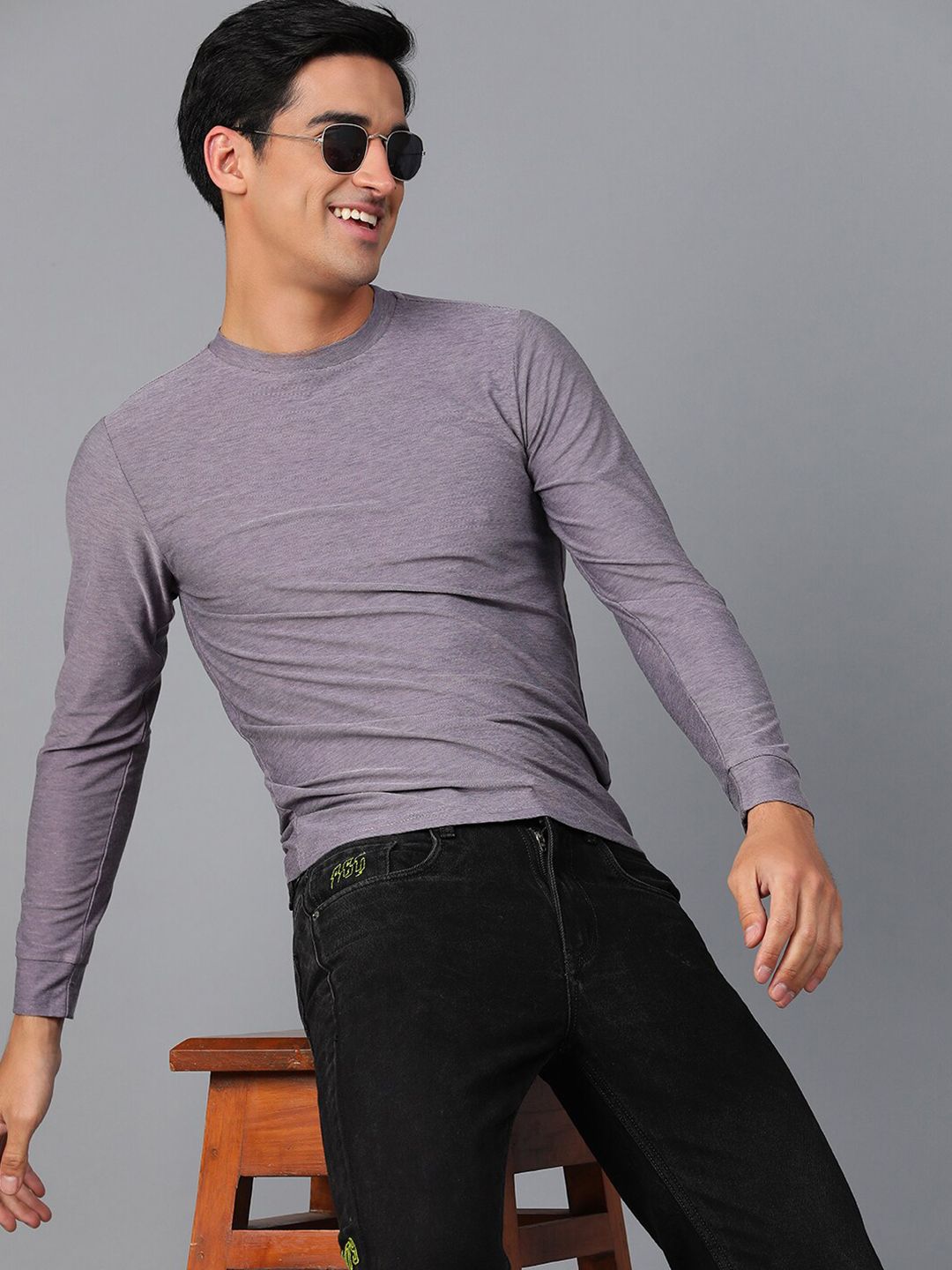 Kotty Purple Round Neck Long Sleeves Slim Fit T-shirt