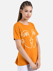 Kotty Women Mustard Yellow Printed Round Neck T-shirt