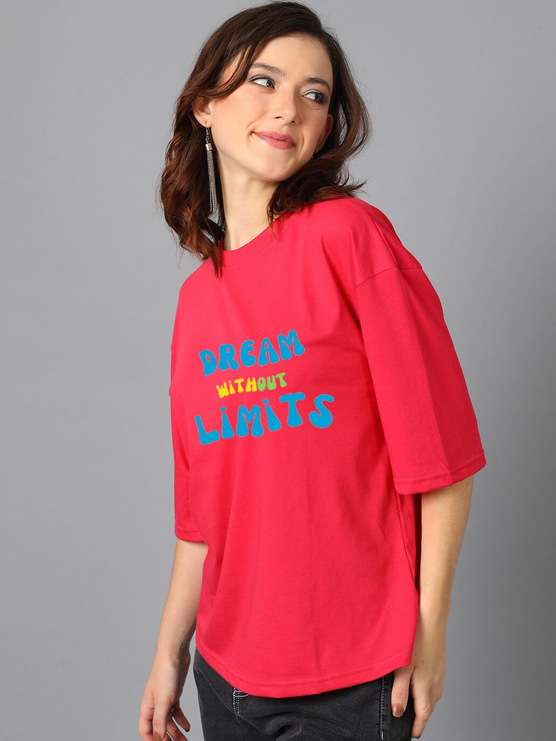 Kotty Pink Typography Printed Drop-Shoulder Sleeves Oversized T-shirt