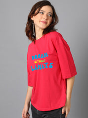 Kotty Pink Typography Printed Drop-Shoulder Sleeves Oversized T-shirt