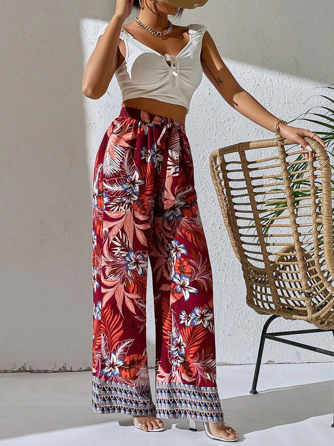 Kotty Women Maroon Floral Printed Relaxed Straight Fit High-Rise Easy Wash Trousers